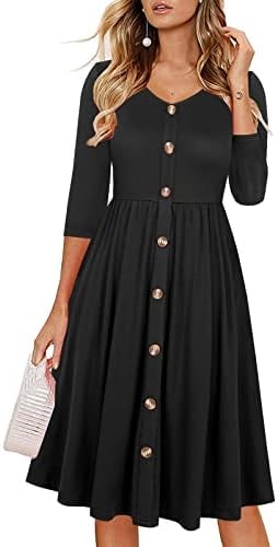 Lamilus Women's Casual Fall 3/4 Sleeve V-Neck Button Down A-Line Swing Party Dress (S, Black-026-3/4)
