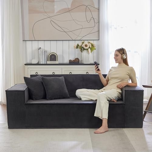 SUYOLS Corduroy Cloud Couch with Pillow, Premium Memory Foam, No Assembly Required, Deep Seat Sofa in Box, Space-Saving Chair for Home, Living Room, Bedroom, Apartment, Office, 3-Seater, Dark Gray