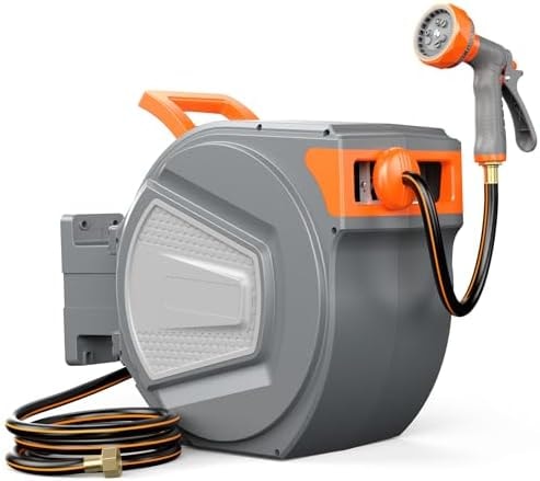 OLIXIS Automatic Retractable Garden Hose Reel, Heavy Duty Wall Mounted Water Reel with 1/2 in x 65 ft Hose, 9 Pattern Nozzle, Slow Rewind Any Length Lock, 180° Swivel for Garage Outside