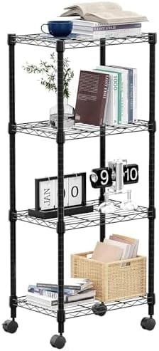 M MZG 4-Shelf Adjustable Heavy Duty Steel Wire Rack, Adjustable Storage Shelving Unit with Wheel for Kitchen, Garage, Laundry Black 11.8" D x 17.7" W x 40.8" H