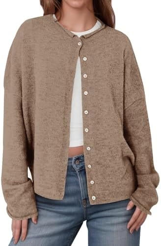 IPMQ Women's Lightweight Knit Button Cardigan Crew Neck Long Sleeve Sweater