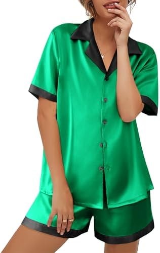 Ekouaer Womens Silk Satin Pajama Set Short Sleeve PJs 2 Piece Button Down Top and Shorts Soft Sleepwear Green M
