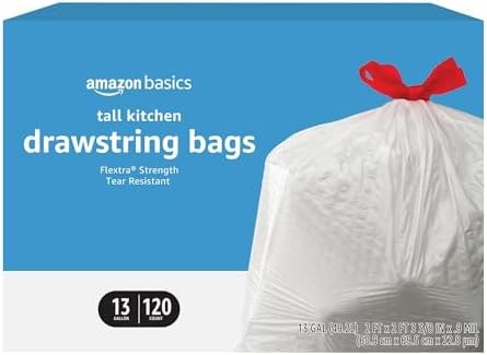 Amazon Basics Flextra Tall Kitchen Drawstring Trash Bags, 13 Gallon, 120 Count