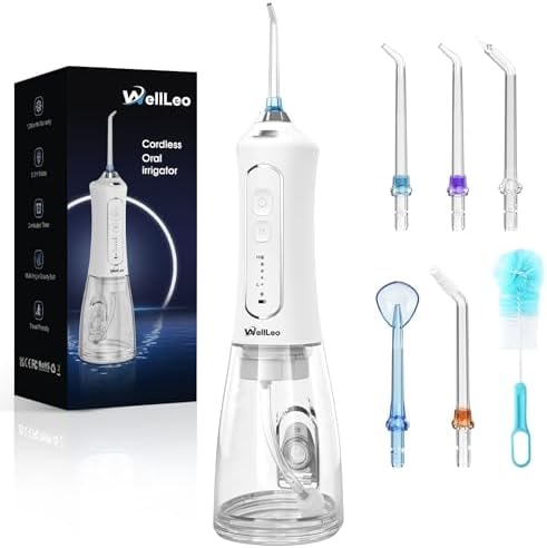 WellLeo Water Flosser for Teeth, 300ML Cordless Oral Irrigator Rechargeable Dental Flosser Picks with 5 Modes 5 Jet Tips,IPX7 Waterproof Teeth Cleaner for Braces Gum Care, Home Travel Use