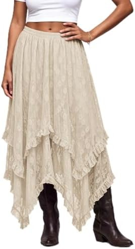 Lace Skirt for Women Asymmetrical Flowy Boho Maxi Skirts Beige M