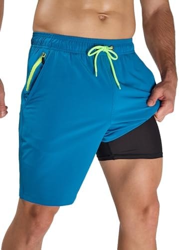 Arcweg Mens Swim Trunks with Compression Liner 2 in 1 Quick Dry Small Swim Shorts Bathing Suits Beach Shorts wih Ziper Pockets Peacock Blue