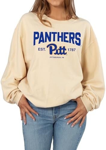 chicka-d Women's Oversized Original Corded Crew Fleece Sweatshirt NCAA Arch Over Icon Neutral, Pittsburgh Panthers, Natural, Medium