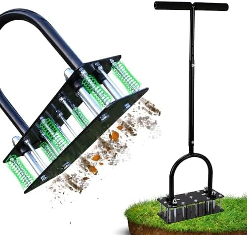 Lawn Aerator, Automatic Dirt and Leaf Clean Design, Heavy Duty Manual Lawn Aerator Tool with 15 Iron Spikes, Height Adjustable, Yard Grass Aerator for Lawn(Black)