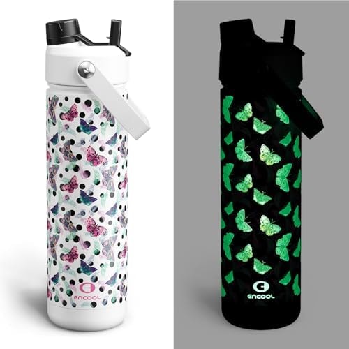ENCOOL Insulated Water Bottle with Straw Stainless Steel Water Bottle, Glow in the Dark, Leak-Proof, BPA-Free, Keeps Cold for 24 Hours for Sports, Travel, School (26 oz, White Butterfly)