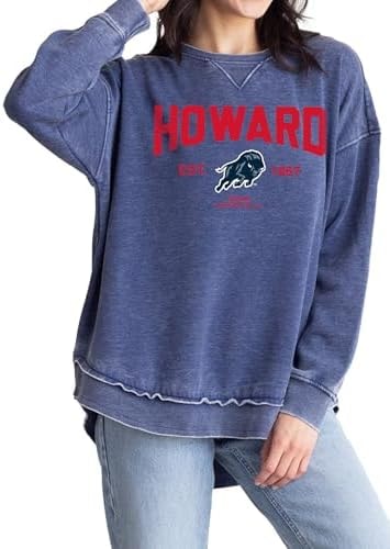 chicka-d Women's Burnout Hi-Lo Campus Crewneck Fleece Sweatshirt NCAA Arch Over Icon Team Color, Howard Bison, Ink, Medium