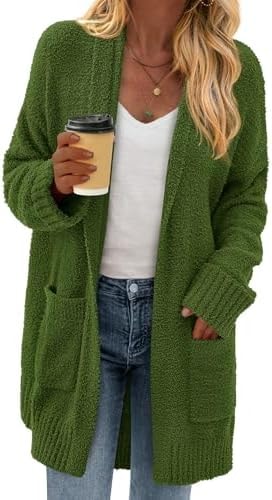 KIRUNDO Womens Long Chunky Fuzzy Knit Cardigan 2026 Fall(Army Green, S)
