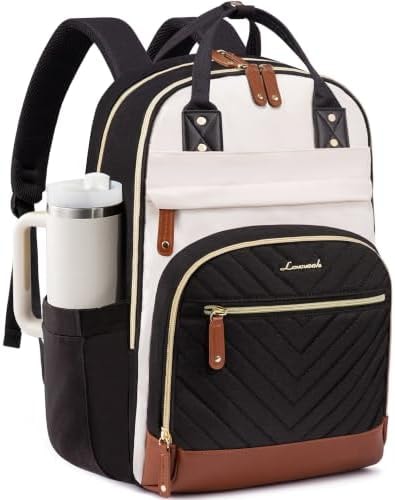 LOVEVOOK Laptop Backpack Women with Giant Tumbler Holder,15.6 inch Waterproof Work Travel Backpack Computer Laptop Bag,Cute College Nurse Teacher Backpack Purse,Gifts for Women & Men,Beige-Black-Brown