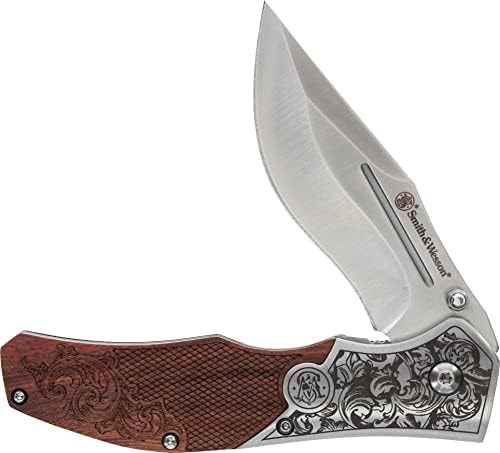 Smith & Wesson Accessories Smith & Wesson Unwavered Folder Featuring Engraved Rosewood Handle, Drop Point Blade, and 8Cr13MoV Stainless Steel,Brown