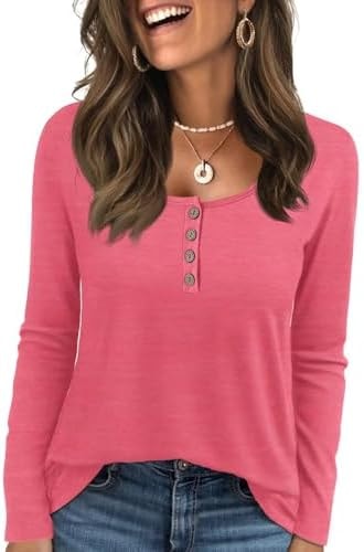 KILISU Womens Long Sleeve Top Henley Neck Button Casual T Shirts Roses Red