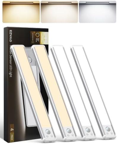EZVALO 4-Pack Under Cabinet Lighting, 12-inch Motion Sensor Light, 2400mAh Rechargeable, 3 Color Temperatures, Dimmable, Magnetic Wireless Lighting for Kitchen, Closet, Pantry, Stairs, Hallway, Bar