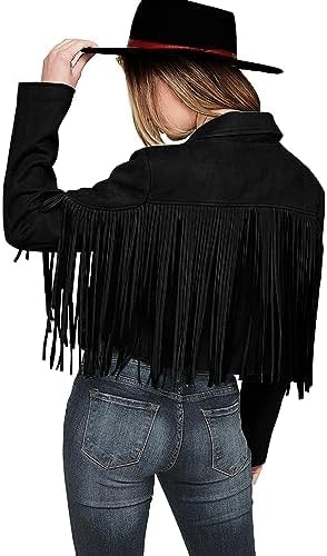 PRETTYGARDEN Women's Fringe Faux Suede Leather Jackets,Black,XXL