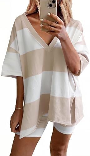 Ekouaer Women 2 Piece Pajama Set Oversized V Neck Top Biker Shorts Outfits