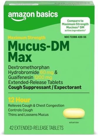 Amazon Basics Maximum Strength Mucus DM, Expectorant and Cough Suppressant Extended-Release Tablets, 42 Count (Previously Care)