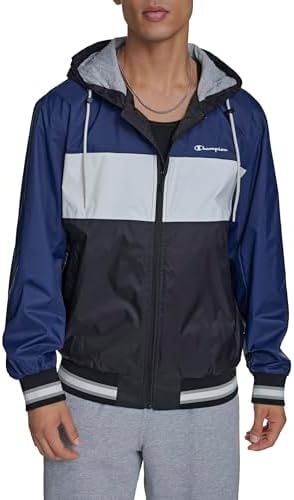 Champion Men's Retro Hooded Rain Jacket, Black/White/Indigo, Large