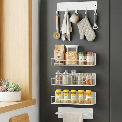 FancyMule Magnetic Spice Rack for Refrigerator, 5 Pack Magnetic Fridge Organizer Shelves, Strong Magnetic Hold, No Drilling, Space Saving Storage Rack for Kitchen & Washing Machine Organizer (White)