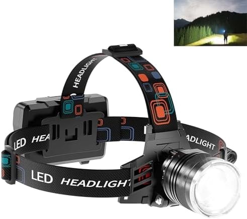 Rechargeable Headlamp Super Bright, 5 Modes Head Lamp for Forehead Zoomable, High Lumens Headlamp for Adults Waterproof, 90° Adjustable Head light & 9000mAh Long Runtime for Camping, Hunting, Hiking
