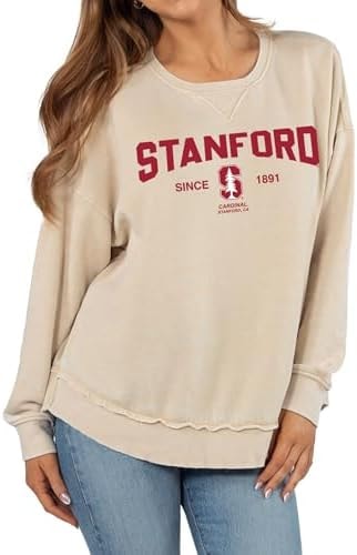chicka-d Women's Burnout Hi-Lo Campus Crewneck Fleece Sweatshirt NCAA Primary Team Icon Neutral, Stanford Cardinal, Oatmeal, Large