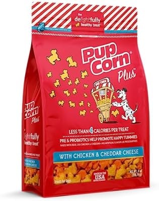 Pup Corn Plus - Puffed Dog Treats with Preiotics and Probiotics - Chicken & Cheddar Cheese, (8oz)