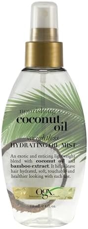 OGX Nourishing + Coconut Oil Weightless Hydrating Oil Hair Mist, Lightweight Leave-In Hair Treatment with Coconut Oil & Bamboo Extract, Paraben & Sulfate Surfactant-Free, 4 Fl Oz