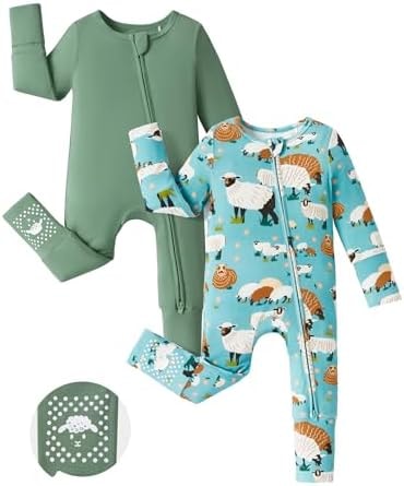 PATPAT 2-Pack Bamboo Viscose Baby Footie, with Anti-Slip Grips Green Meadow 18-24 Months