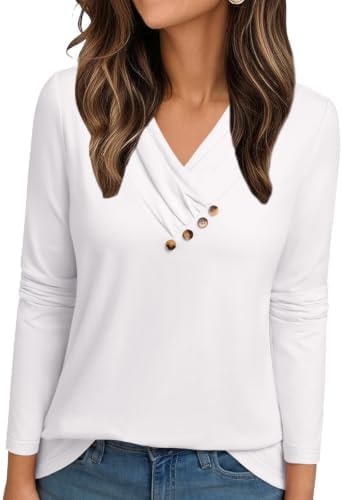 GKBK Long Sleeve Shirts for Women Cotton Button V Neck Basic Loose Tee Tops