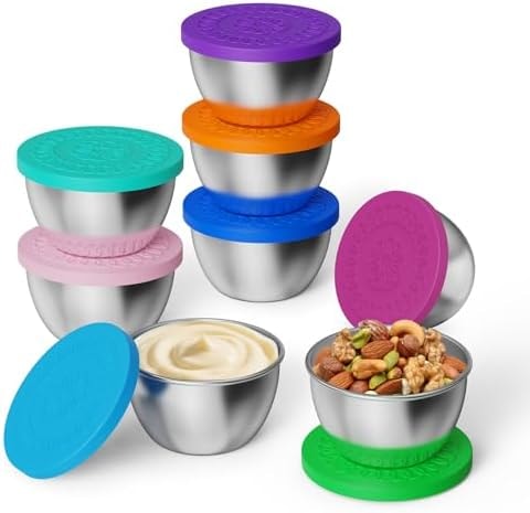 ENCYS Set of 8 Salad Dressing Container To Go, 2.5 oz Stainless Steel Container with Silicone Lids For Lunch Boxes,Sauce containers, Picnics,Travel Meal Prep And Kitchen Storage