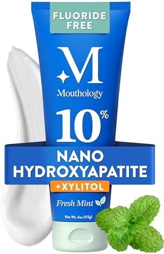 Mouthology 10% Nano Hydroxyapatite Toothpaste Fluoride Free, Whitening*, Rod Shaped nHA, Xylitol Toothpaste for Adults, Enamel Care*, Sensitive Teeth*, SLS Free, Mint 4oz (USA Made) Package May Vary