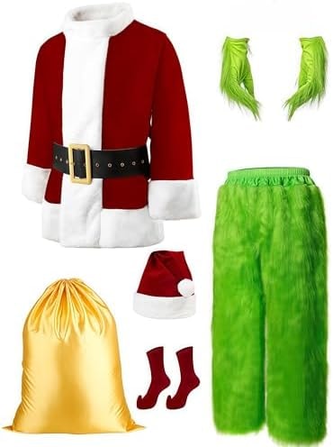 Christmas Green Costumes Adult, 8pcs Furry Santa Claus Costume for Men