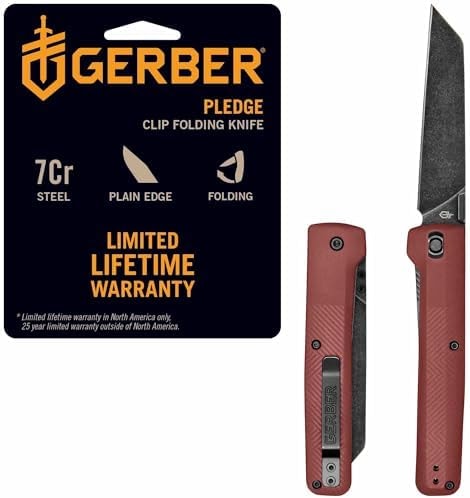 Gerber Pledge EDC Folding Pocket Knife w/Clip, Plain Edge Blade, Drab Red