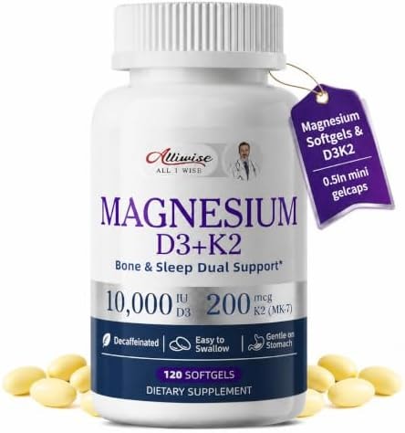 Magnesium Glycinate 400mg Softgels with D3 K2 Vitamin 10000 iu, 120 Gelcaps