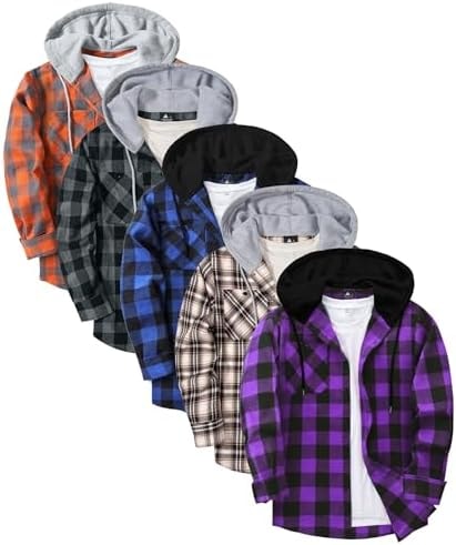 Little Beauty 5 Pack Mens Flannel Hoodie Shirt Long Sleeve Plaid Shirts Stylish Fall Casual Button Down Shirt Jacket with Pocket M