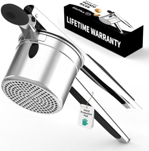 GloTika 15oz Stainless Steel Potato Masher Ricer, Black Silicone Hand Pad