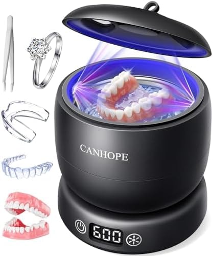 Ultrasonic Retainer Cleaner Machine, 42kHz Dental Cleaning Pod for Dentures, Aligners, Mouth Guards, Jewelry - IPX7 Waterproof Durable Removable Base and Top Cover, 3 Timer Settings (MatteBlack)