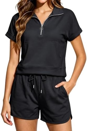 Chicyoo 2 Piece Sets for Women, Half Zip Short Sleeve Top & Athletic