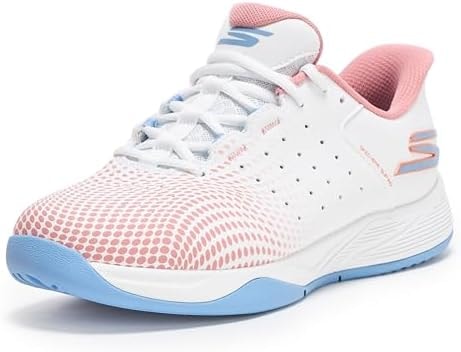 Skechers Women's Viper Court Reload Hands Free Slip-Ins Pickleball Sneaker, White/Light Blue/Pink, 5.5