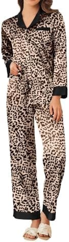 Ekouaer Silk Pajamas for Women Long Sleeve Satin Pajama Set Leopard L