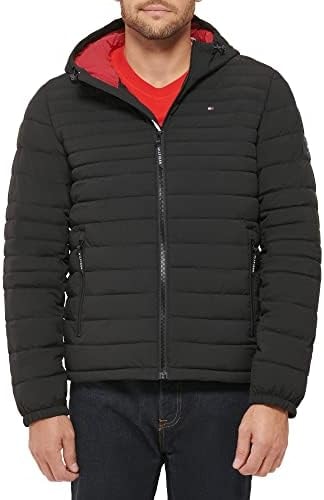 Tommy Hilfiger Men's Stretch Poly Hooded Packable Jacket, Black, Large