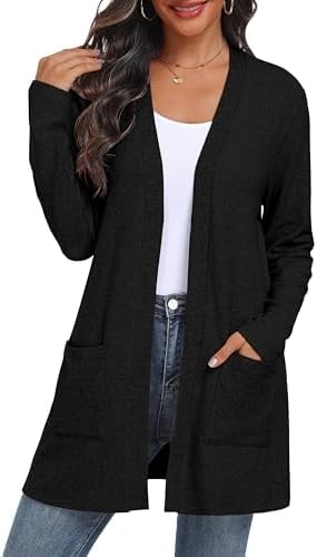QIXING Sweater Cardigans for Women Open Front Lightweight Cardigan Long Sleeve Cardigans with Pockets A Black