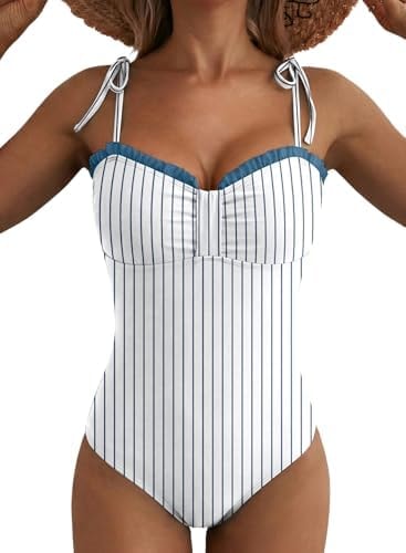 Herseas Ruffled Trim One Piece Bathing Suits Light White Sky Blue Stripe M