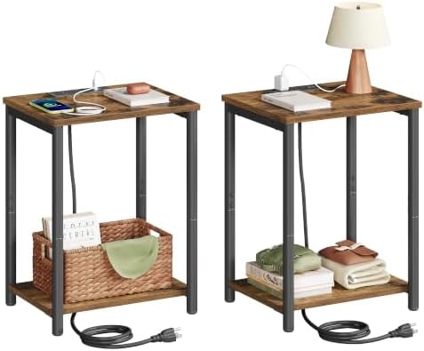 VASAGLE Side Tables with Charging Station, 2-Tier, Set of 2