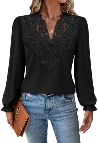 Boho Tops for Women V Neck Black Lace Top Fall Outfits Womens Tops L