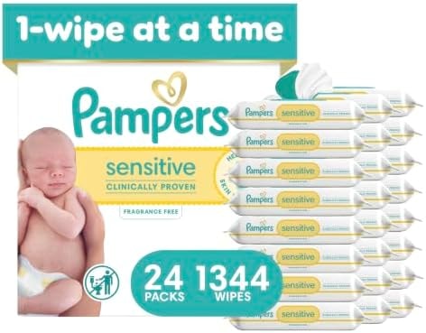 Pampers Sensitive Baby Wipes, Clinically Proven, Fragrance Free, Unscented, Water Based, Hypoallergenic, Multi-Use, 1344 Wipes Total (24X Flip-Top Packs) [Packaging May Vary]