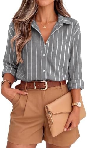 KIRUNDO Striped Oversized Button Down Shirts For Women(Grey, S)
