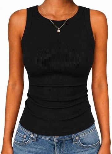 GAYHAY Black Tank Top Woman Cotton Summer Tops Clearance High Neck Sleeveless Ribbed Shirts for Spring Casual Workout Beach