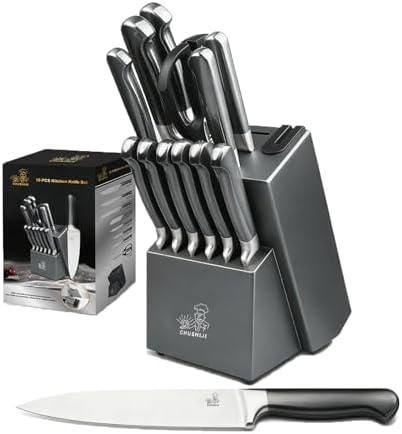 15-Piece Gray Kitchen Knife Set with Block and Sharpener, Dishwasher Safe